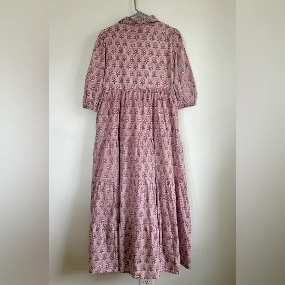 Victoria Dunn Hand Block Printed Tiered Maxi Cotton Dress, Lined, Small, Pink - Picture 6 of 9